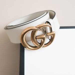 Gucci Leather Belt with Double G White & Gold